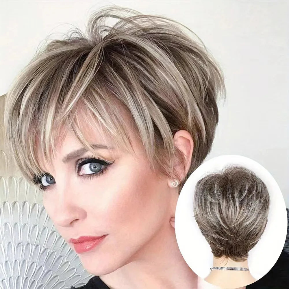 Short Synthetic Wig for Women Mixed Brown And Blonde Hair with Bangs Easy Care Non-Damaging Hairpiece
